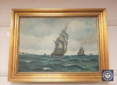 Twentieth century school : sailing ships in choppy water, oil on canvas, 63 cm x 44 cm.