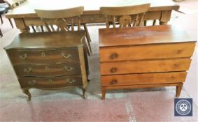 A continental beech three drawer chest and a teak three drawer chest