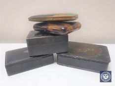 Three Victorian treen boxes together with two cigarette cases