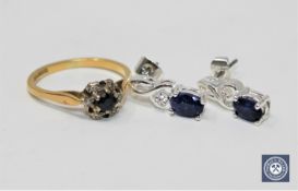 An 18ct gold sapphire diamond ring together with a pair of sapphire and diamond earrings.