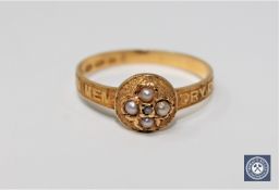 A good 18ct gold Victorian pearl and diamond memoriam ring.