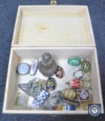 A wooden box containing gilt metal egg trinkets, Crowns, enamelled Siam bracelet,