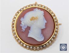 A good quality Victorian stone cameo and pearl brooch, diameter 34 mm.