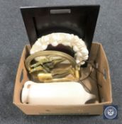 A box containing two decorative mirrors, pottery vase on stand, oak tray etc,