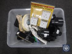 Two boxes of printer, fans, socket set,