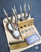 A tray of cased weights, dressing table brushes, dressing table casket,