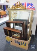 A box containing gilt framed mirrors, set of four folding Union Jack chairs,