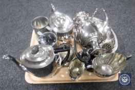 A tray of silver plated items, tea pot etc.