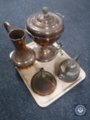 A tray of copper samovar, funnel, jug,