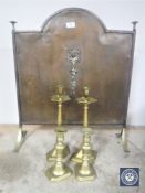Two pairs of brass candlesticks together with a metal fire screen (3)
