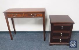 A reproduction mahogany side table and a three drawer chest