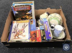 A box containing Warhammer magazines and model sets, tea china,