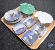 A tray of boxed Royal Copenhagen collector's plate and various shallow dishes,