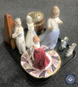 A tray of French Paquet metronome, Spanish figures, oak biscuit barrel,