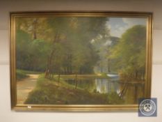 A continental oil on canvas depicting a woodland stream, 149 cm x 99 cm, framed.