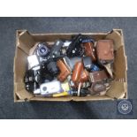 A box of assorted cameras and accessories - Chinon, Minolta,