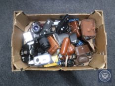 A box of assorted cameras and accessories - Chinon, Minolta,