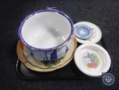A tray of blue and white Delft planter, Royal Doulton plate, Art Deco plate, Wedgwood ashtray,