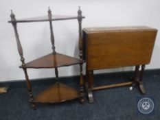 A Victorian oak Sutherland table together with a three tier corner whatnot stand