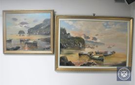 Two gilt framed oils on canvas, fishing boats at sea, indistinctly signed.
