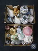 Two boxes of china cake stands, Royal Winton gilded china, Yankee candle, oriental vases,