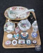 A tray of china pill boxes, salt and pepper pots, china ashtray, Adams soup ladle,
