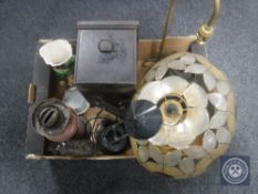 *** Withdrawn *** A box of early 20th century metal deed box, oil lamp, Hornsea vase,