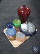 A tray of coloured glass together with a large pottery vase