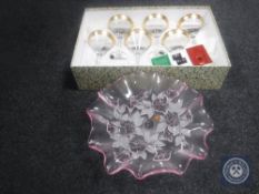 A set of six boxed Italian crystal champagne glasses together with a two-tone crystal bowl