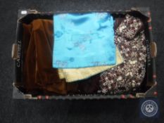 A box of vintage lady's clothing including a Butte Kint jacket and skirt, Chinese silk jacket,