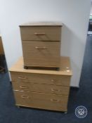 A pine effect three drawer chest with matching two drawer chest