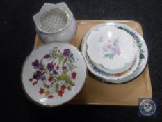 A tray of Aynsley rose bowls and plates,