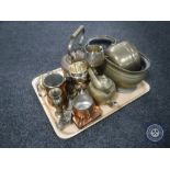 A tray of quantity of assorted brass and copper ware including teapots, planters,