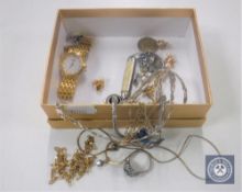 A box of necklaces, earrings, costume ring, lady's Pulsar wristwatch,