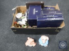 A box of Royal Doulton Minerva china, figurines,