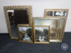 Two gilt framed mirrors together with a pair of D Motley oils on canvas depicting waterfalls and