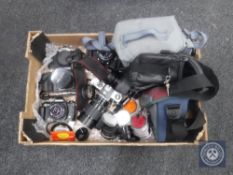 A collection of assorted cameras, Canon, Pentax and Chinon, lenses,