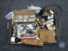 A box of horologist's items, watch makers tools, parts etc.