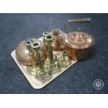 A tray of two antique copper bed warming pans,