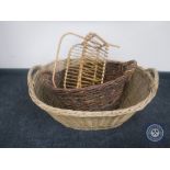 Two wicker log baskets and a magazine rack