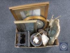 A box of gilt framed port hole mirror, brass companion set, antique carved oak stool,
