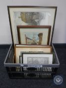 A box of assorted framed pictures and prints, map of Northumberland after Morden,