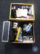 A box of reel to reel player and tapes, National Geographic magazines,