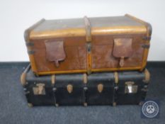 Two early 20th century wooden bound travelling trunks