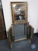 A gilt triple dressing table mirror and a gilt framed hall mirror