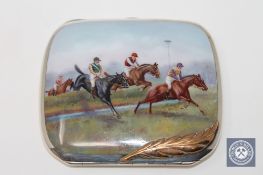 A superb quality Russian silver gilt and enamel cigarette case depicting a steeplechasing scene,