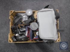 A box of cameras, camera bags and accessories - Canon,