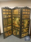 A Victorian ebonised and gilt highlighted three panel screen, depicting panels of children at play,