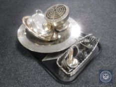 A tray of 20th century plated wares, wine basket, miniature cooler, entree dish and cover,