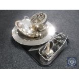 A tray of 20th century plated wares, wine basket, miniature cooler, entree dish and cover,